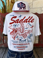 Men's white Sendero Provisions Co. From Saddle to Surf short sleeve tee with red pelican snake chest graphic and Sendero Provisions Co. From Saddle to Surf text, front view styled with jeans and tooled leather belt — Blair's Western Wear Marble Falls TX