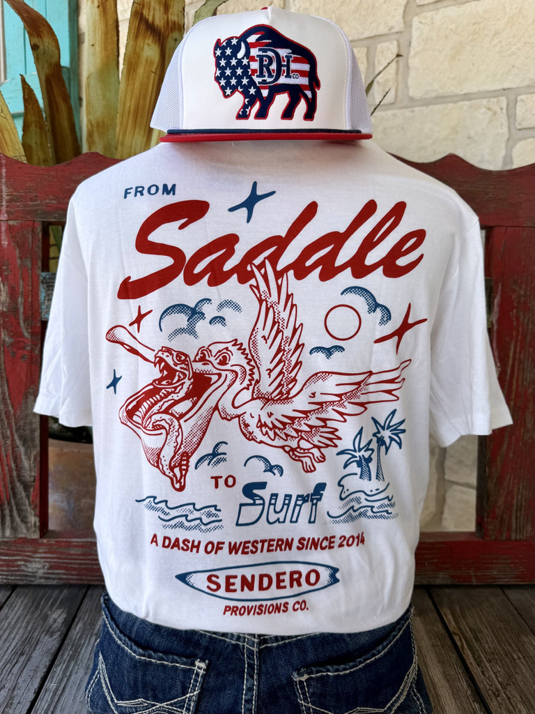 Men's white Sendero Provisions Co. From Saddle to Surf short sleeve tee with red pelican snake chest graphic and Sendero Provisions Co. From Saddle to Surf text, front view styled with jeans and tooled leather belt — Blair's Western Wear Marble Falls TX