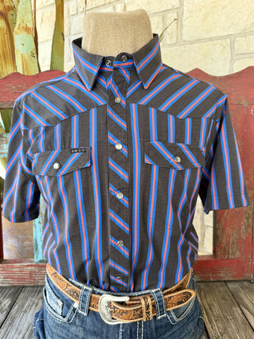 Men's black red and blue stripe snap-front short sleeve Western shirt — Blair's Western Wear Marble Falls TX