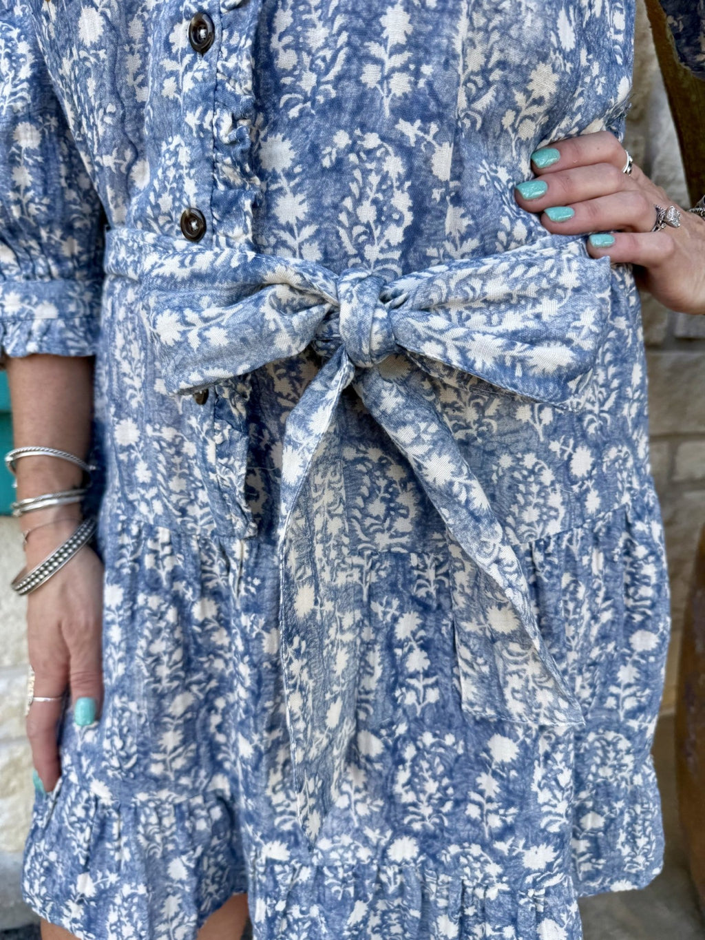 Women's Blue Floral Block Print Embroidered Tiered Shirt Dress