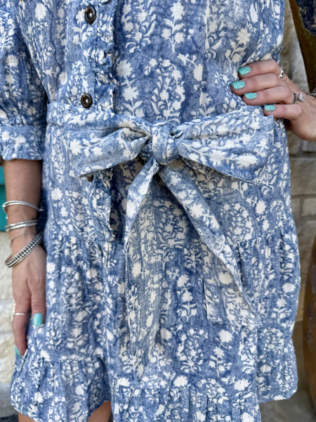 Women's Blue Floral Block Print Embroidered Tiered Shirt Dress