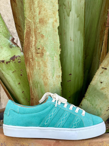 Women's turquoise suede lace-up sneaker with tonal western diamond scroll stitching on side panel, white laces, and white rubber outsole — Blair's Western Wear Marble Falls TX