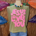 Women's Jesus Loves You Puffy Graphic Sleeveless Top
