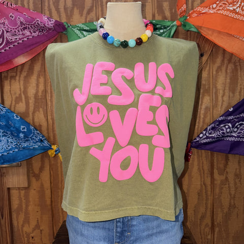 Women's Jesus Loves You Puffy Graphic Sleeveless Top