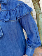 Women's Denim Ruffle Yoke Tie Neck Long Sleeve Blouse
