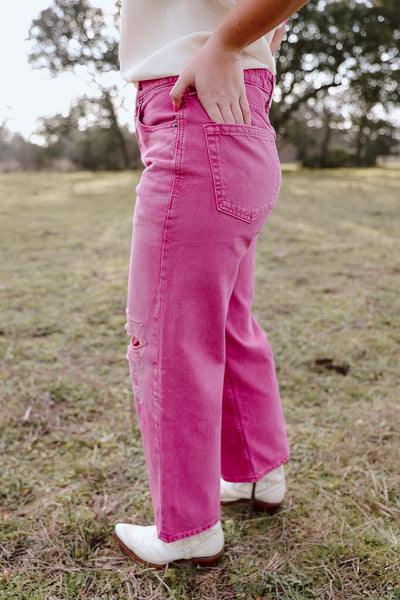 Ladies Pink Wide Leg Tomboy Distressed Jean - 10048257 - Blairr's Western Wear Marble Falls, TX