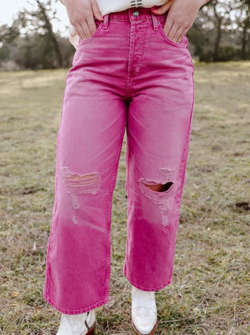 Ladies Pink Wide Leg Tomboy Distressed Jean - 10048257 - Blairr's Western Wear Marble Falls, TX 