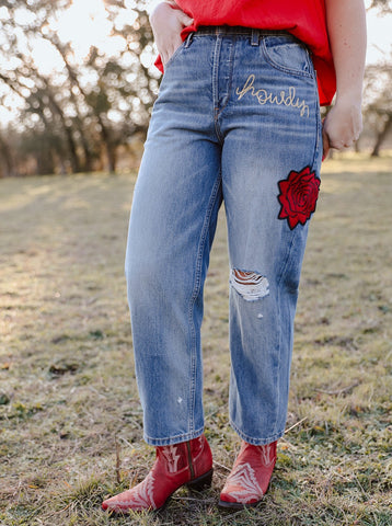 Ladies Howdy Jeans With Rose Patch in Medium Distressed Denim - 10048261 - Blair's Western Wear Marble Falls, TX 