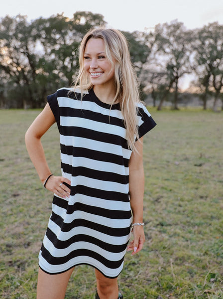 Ladies Black & White Striped Cap Sleeve Dress - D22406 - Blair's Western Wear Marble Falls, TX