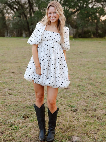 Ladies White Baby Doll Dress with Black Polka Dots - S1135D2 - Blair's Western Wear Marble Falls, TX