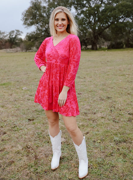 Ladies Beautiful Hot Pink Burnout Print Dress - K7692HP - Blair's Western Wear Marble Falls, TX