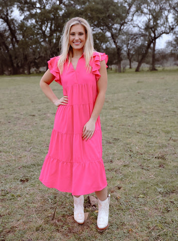 Ladies Hot Pink Tiered Tee length dress - A6973HP - Blair's Western Wear Marble Falls, TX