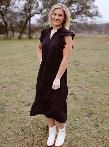 Ladies Black Tiered Tee length dress - A6973B - Blair's Western Wear Marble Falls, TX