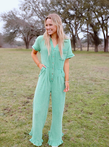 Ladies Kelley Green Button Up Romper - K7918 - Blair's Western Wear Marble Falls, TX