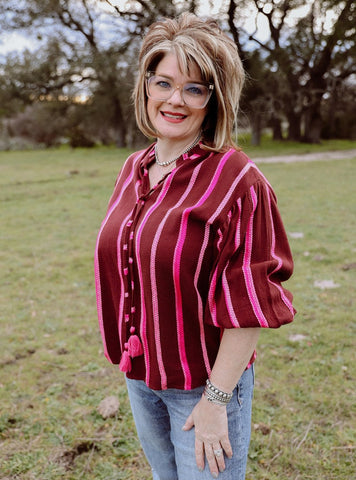 Ladies Chocolate & Pink Striped Ivy Jane Blouse - 621483 - Blair's Western Wear Marble Falls, TX