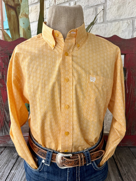 Men's gold and white geometric print long sleeve button-up shirt with point collar and single chest pocket, front view — Blair's Western Wear Marble Falls TX