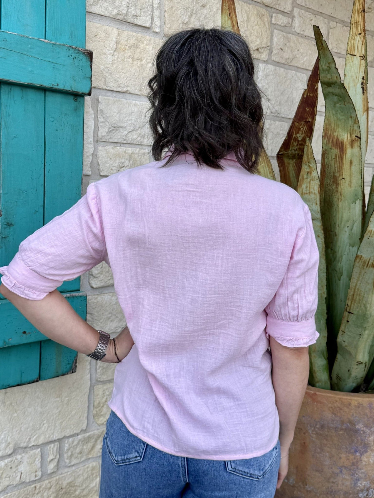 Women's Pink Ruffle Button-Up Blouse