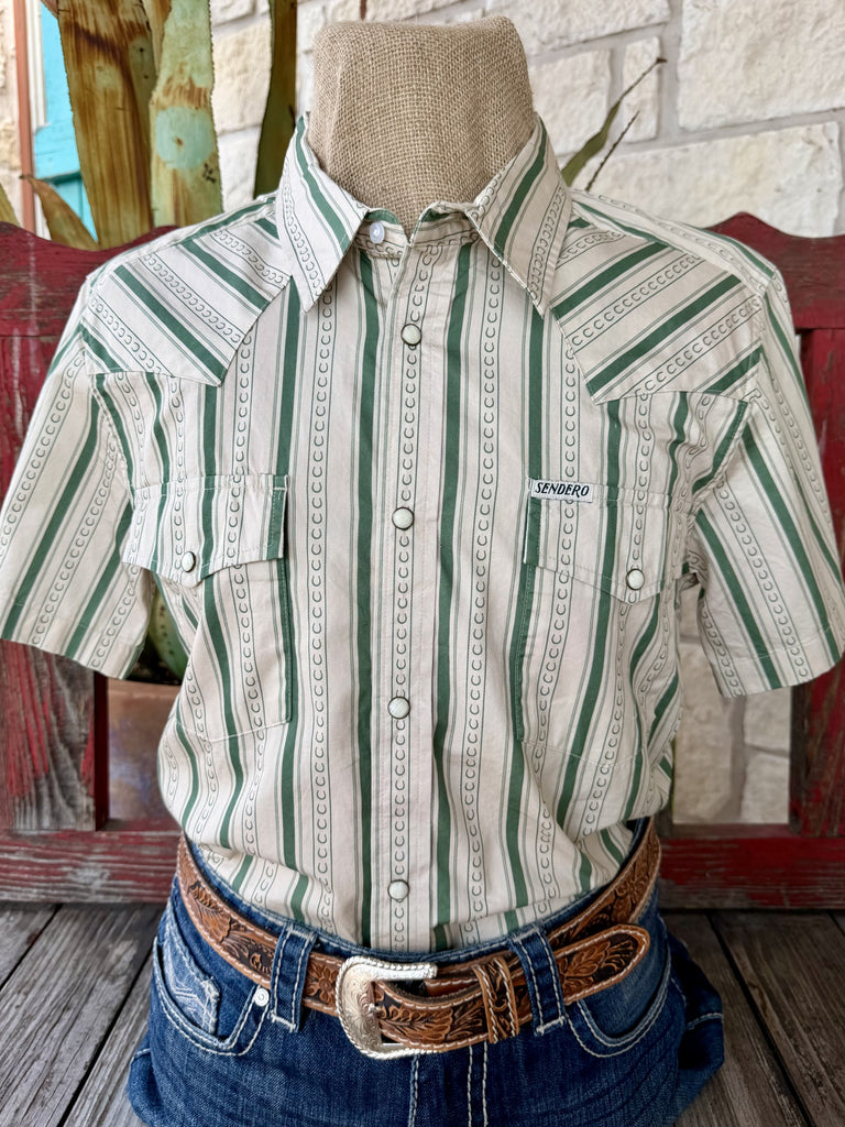 Men's Sendero aloe green and natural horseshoe chain stripe pearl snap short sleeve western shirt with dual chest pockets, Sendero label tag, and western yoke — Blair's Western Wear Marble Falls TX