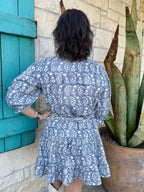 Women's Blue Floral Block Print Embroidered Tiered Shirt Dress