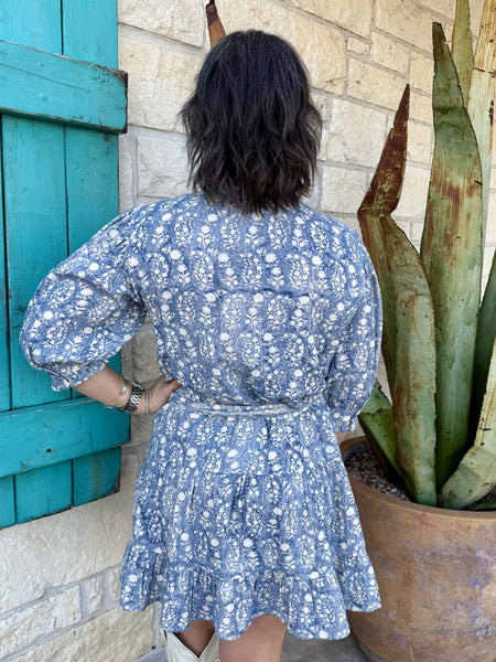 Women's Blue Floral Block Print Embroidered Tiered Shirt Dress