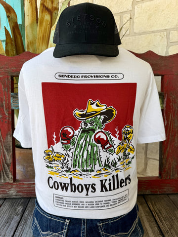 Men's white Sendero Provisions Co. Cowboy Killers short sleeve tee with bold red green yellow boxing cactus cowboy hat back graphic and Cowboys Killers text, back view — Blair's Western Wear Marble Falls T