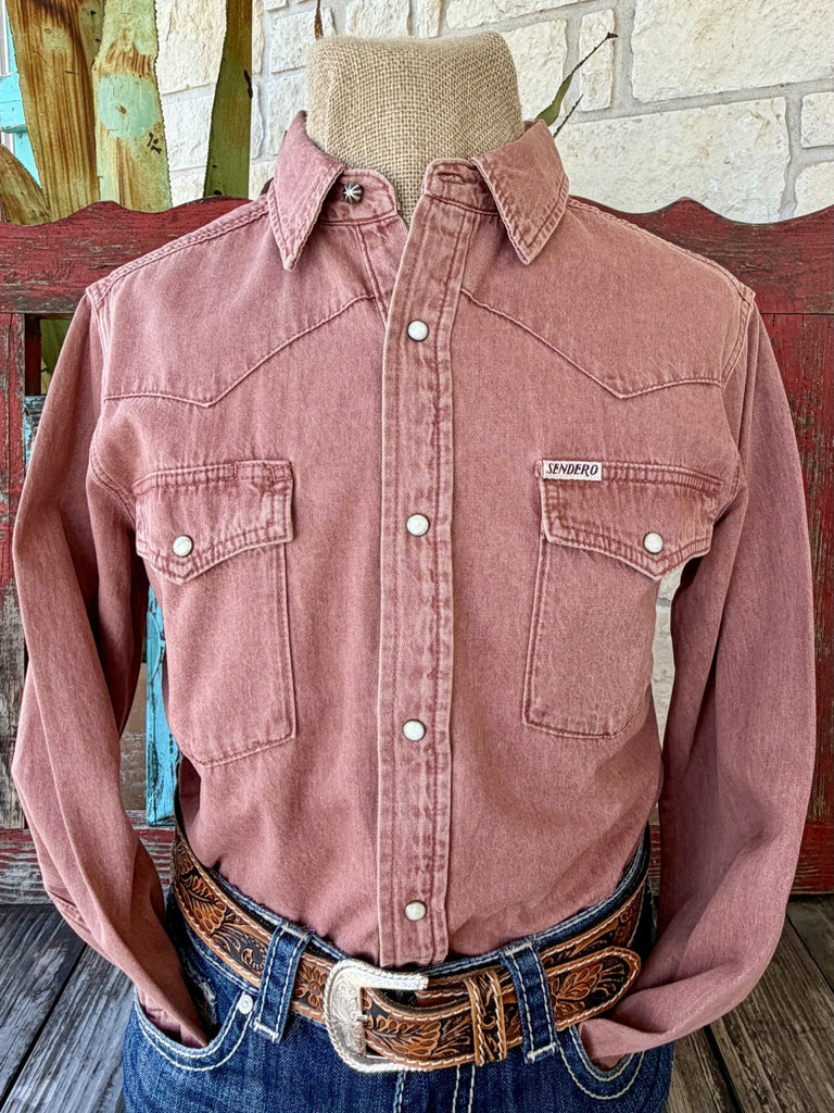Men's brick solid long sleeve pearl snap western shirt with dual chest pockets and western yoke, front view — Blair's Western Wear Marble Falls TX