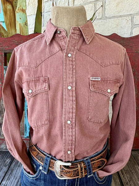 Men's brick solid long sleeve pearl snap western shirt with dual chest pockets and western yoke, front view — Blair's Western Wear Marble Falls TX