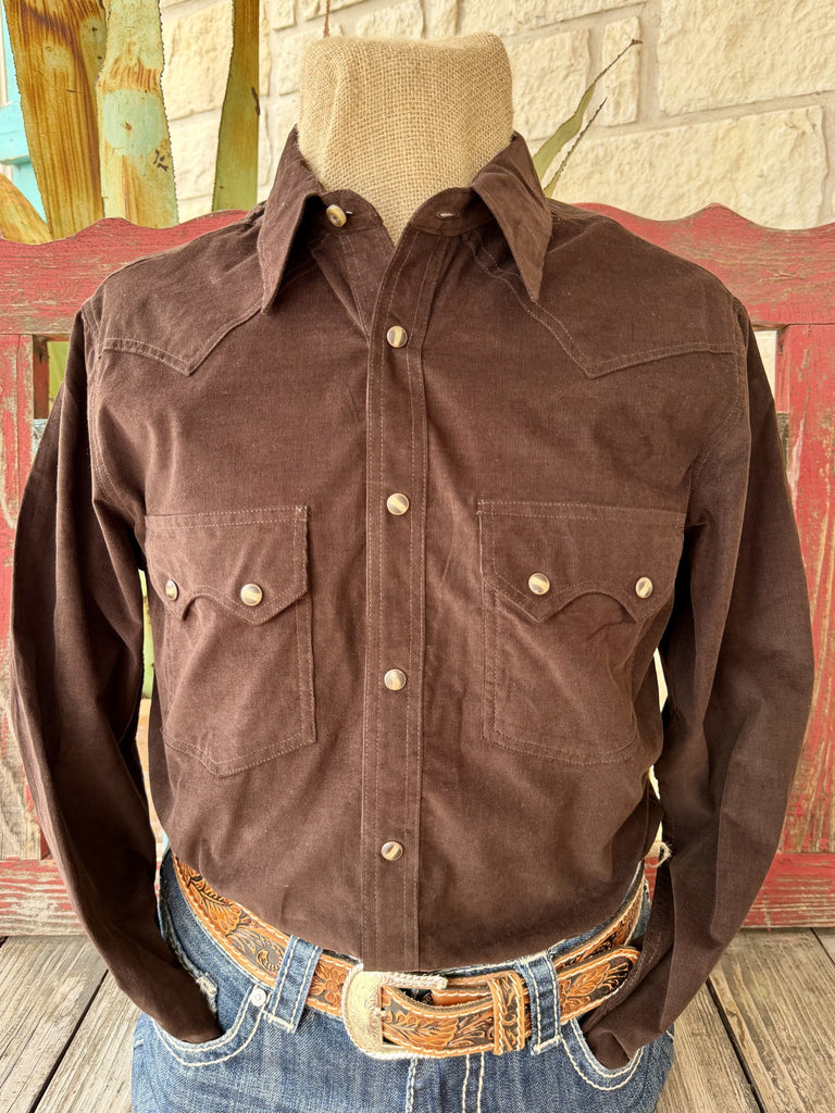 Men's Panhandle Slim chocolate brown corduroy snap button-up shirt — Blair's Western Wear Marble Falls TX