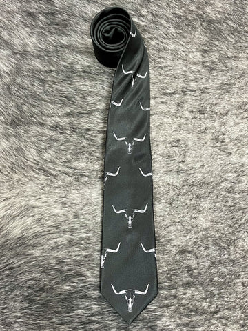 Men's black satin necktie with repeating white longhorn steer skull novelty print, smooth finish, standard width pointed tip — Blair's Western Wear Marble Falls TX