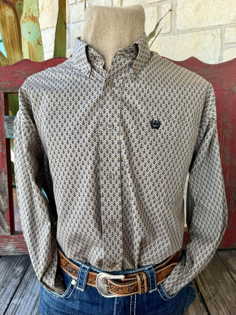 Men's tan, brown, and navy printed long-sleeve shirt — Blair's Western Wear Marble Falls TX⠋

