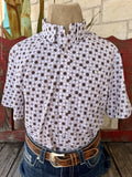 Men's Ferrell Brand white and brown geometric star medallion print short sleeve button-down shirt with metal logo badge chest pocket — Blair's Western Wear Marble Falls TX