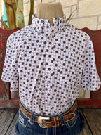 Men's Ferrell Brand white and brown geometric star medallion print short sleeve button-down shirt with metal logo badge chest pocket — Blair's Western Wear Marble Falls TX