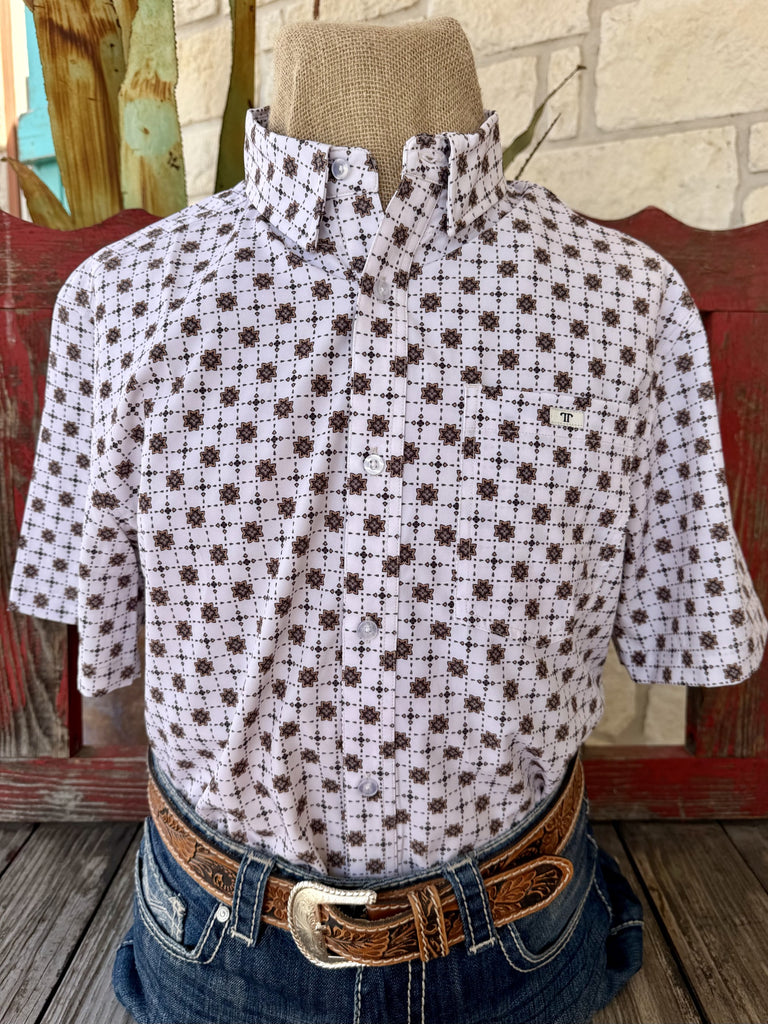 Men's Ferrell Brand white and brown geometric star medallion print short sleeve button-down shirt with metal logo badge chest pocket — Blair's Western Wear Marble Falls TX