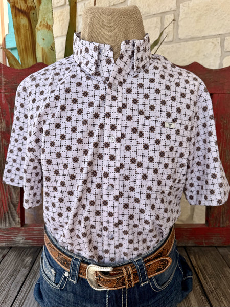 Men's Ferrell Brand white and brown geometric star medallion print short sleeve button-down shirt with metal logo badge chest pocket — Blair's Western Wear Marble Falls TX