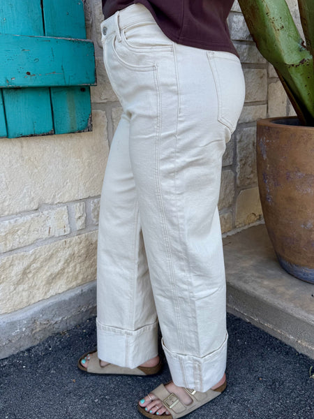 Women's Ivory Super High Rise Wide Leg Cuffed Jeans