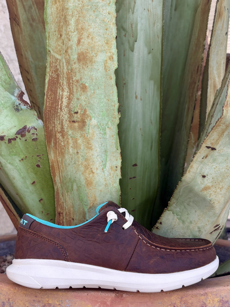Women’s brown full-grain leather and suede casual shoe with Aztec-inspired tooled design and flexible sole — Blair’s Western Wear Marble Falls TX