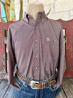 Men's brown and tan geometric print long-sleeve shirt with button-down collar, button front, and chest pocket with embroidered detail — Blair's Western Wear Marble Falls TX