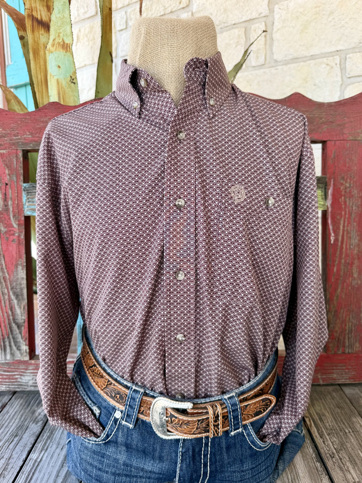 Men's brown and tan geometric print long-sleeve shirt with button-down collar, button front, and chest pocket with embroidered detail — Blair's Western Wear Marble Falls TX