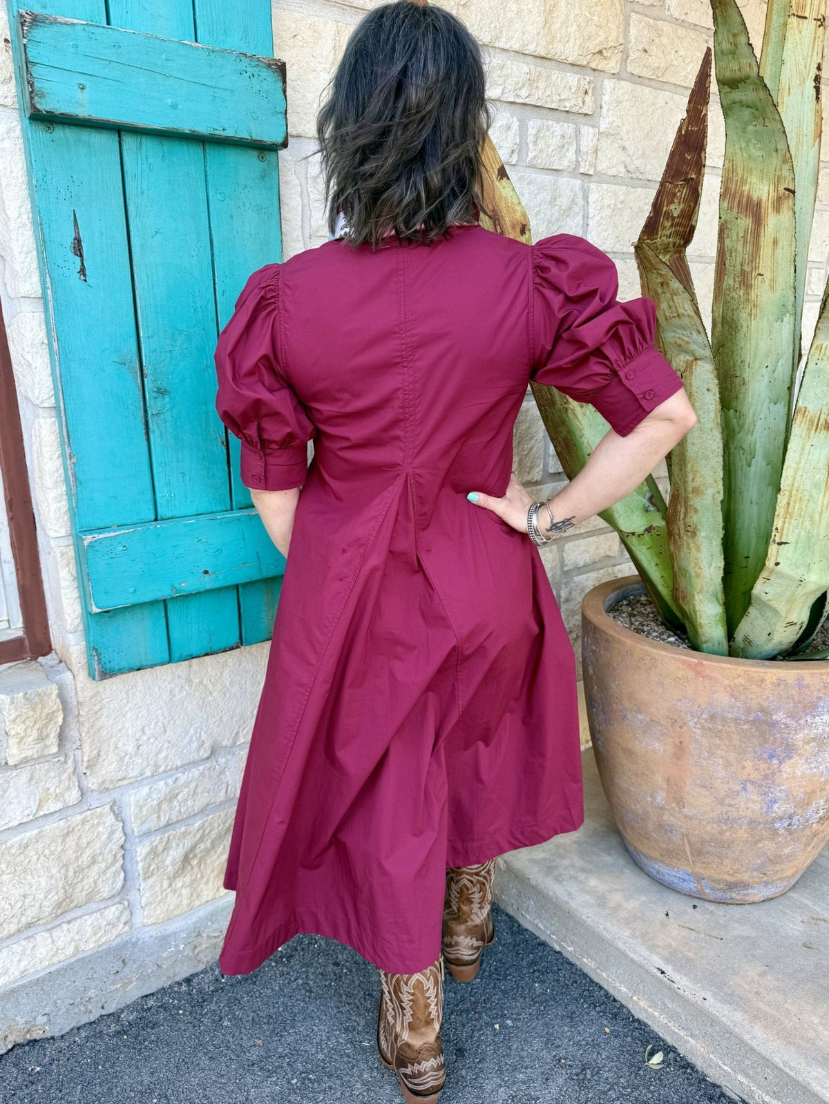 Women's Maroon Puff Sleeve Pleated Swing Midi Dress
