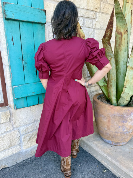 Women's Maroon Puff Sleeve Pleated Swing Midi Dress