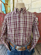 Men's wine and tan plaid long-sleeve shirt with white and dark contrasting lines, button-down collar, tan button-front closure, and open chest pocket — Blair's Western Wear Marble Falls TX