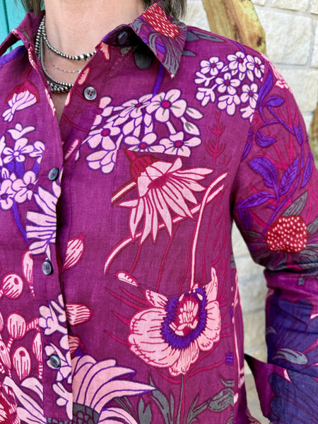 Women's Wine Oversized Floral Linen Swing Shirt Dress