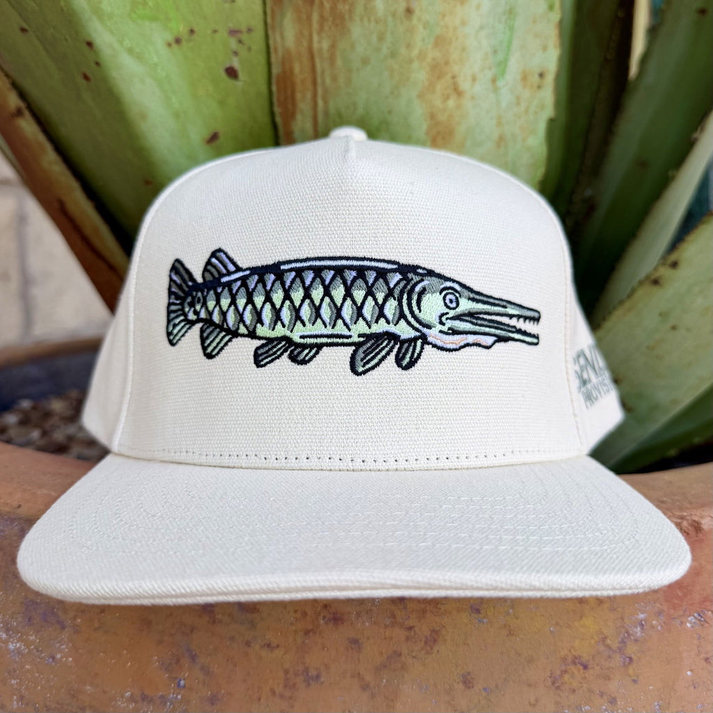 Alt Text: Men's Sendero natural and green gar fishing embroidered cap — Blair's Western Wear Marble Falls TX Media Title: Men's Sendero Gar Embroidered Cap GAR HAT - Blair's Western Wear Marble Falls TX