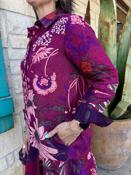 Women's Wine Oversized Floral Linen Swing Shirt Dress