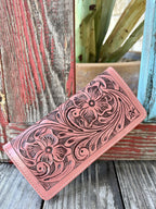 Women's Pink Tooled Leather Zip Wallet