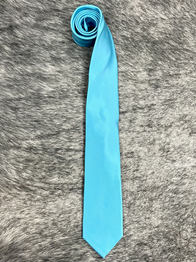 Men's solid turquoise satin necktie with smooth lustrous finish, standard width pointed tip, bright aqua-turquoise color — Blair's Western Wear Marble Falls TX