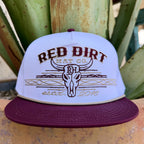 Men's white Red Dirt Hat Co. AZ Spirit mesh trucker cap side view showing white mesh back wine maroon flat brim and tan rope accent — Blair's Western Wear Marble Falls TX