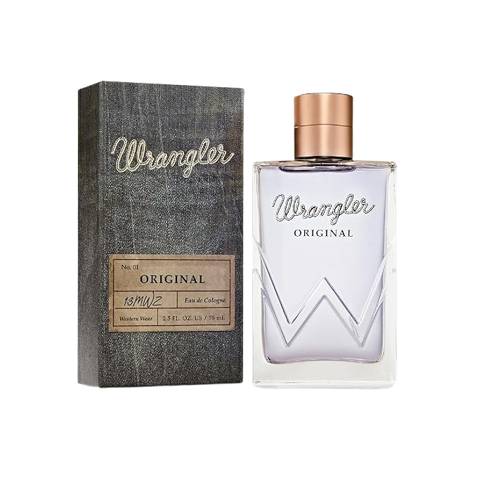 Men's Wrangler Original 2.5 fl oz eau de cologne clear glass bottle with embossed W logo, rose gold cap, and denim-textured gift box — Blair's Western Wear Marble Falls TX

