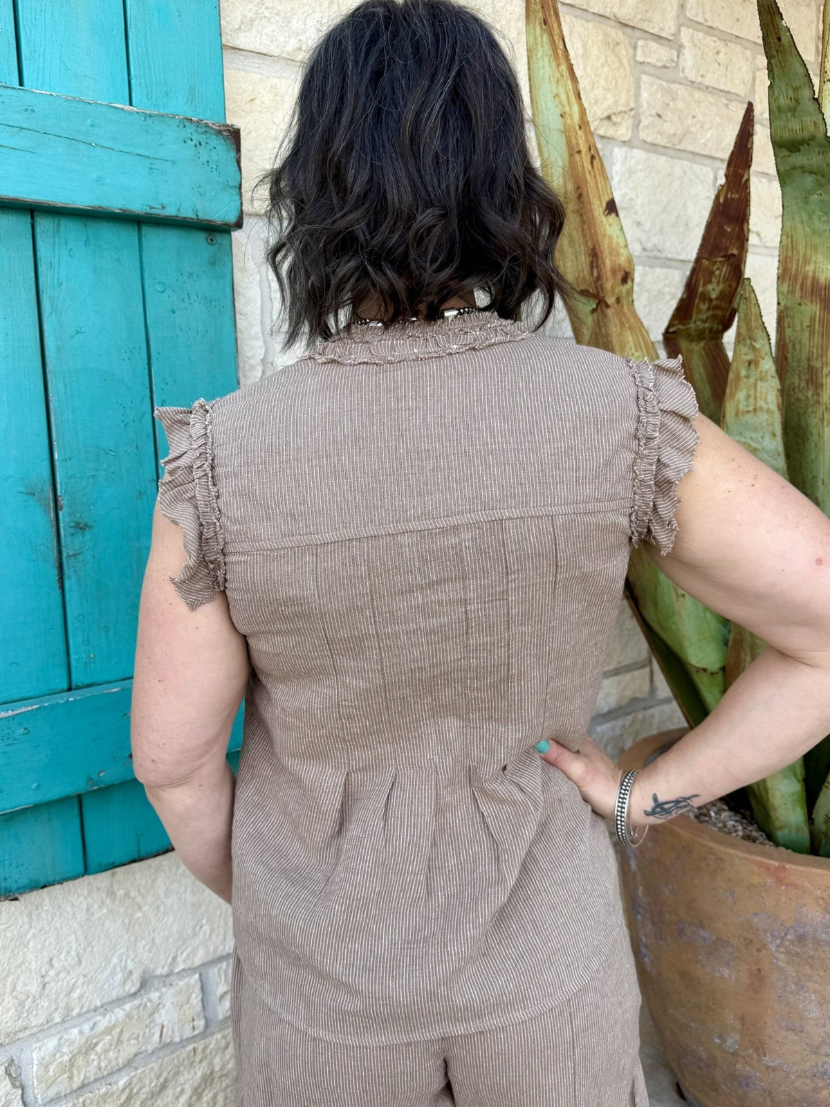 Women's Taupe Ruffle Pintuck Blouse