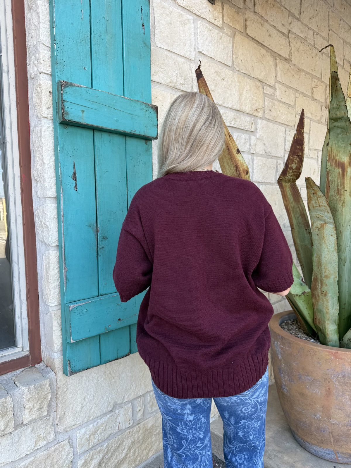 Women's Plum Oversized Hi-Low Short Sleeve Knit Sweater Top